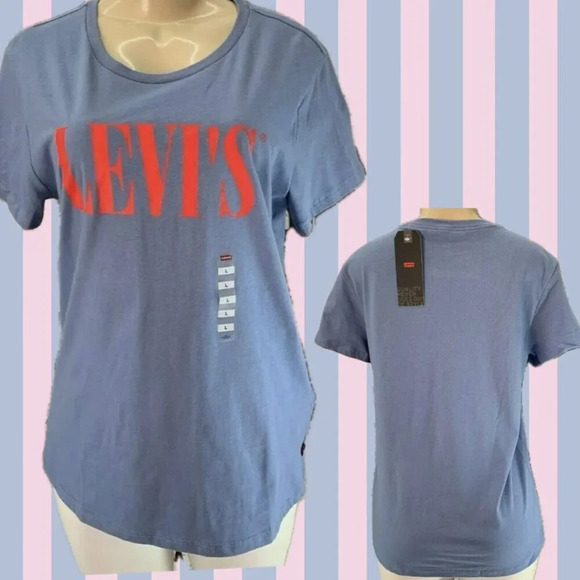 Levi's L Blue Crew Neckline Red Logo Name Graphic Cotton Short Sleeve Tee - Picture 1 of 6